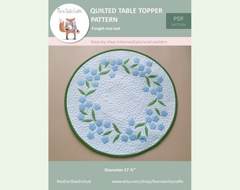 Forget-me-not table topper, PDF pattern, Digital PDF pattern, Circle quilted table topper, applique table topper, Blue flower table topper