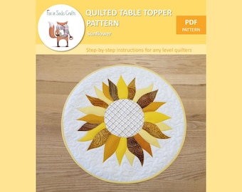 PDF Schnittmuster, Gesteppte Tischdecke mit Sonnenblume, Digitales PDF Schnittmuster, Runde Tischauflage, Sonnenblume Muster