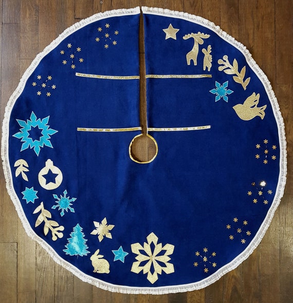 Blue tree skirt 40 Golden tree skirt Snowflakes Etsy