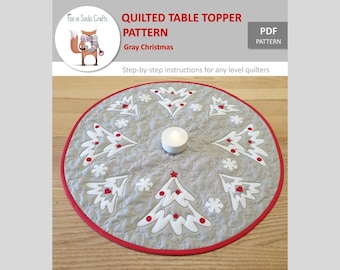 PDF pattern Gray Christmas quilted table topper, Digital PDF pattern, Round table topper, Christmas pattern