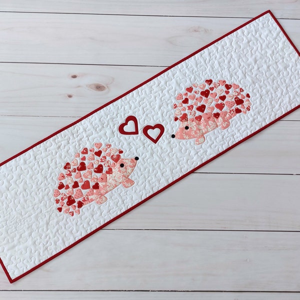 Heart table runner, 12"x44", Valentine quilted table runner, Ready to ship, Homemade table runner, Valentine table decor, Hedgehogs