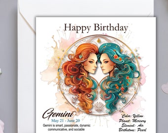 Tarjeta de cumpleaños del zodiaco GÉMINIS, tarjeta de cumpleaños del zodiaco, tarjeta de felicitación del zodiaco, tarjeta de cumpleaños del signo zodiacal