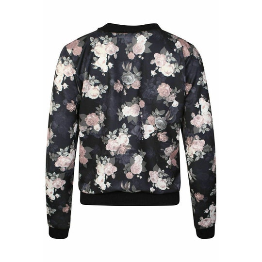 Disover Women rose floral print front zip up short bomber Jacket