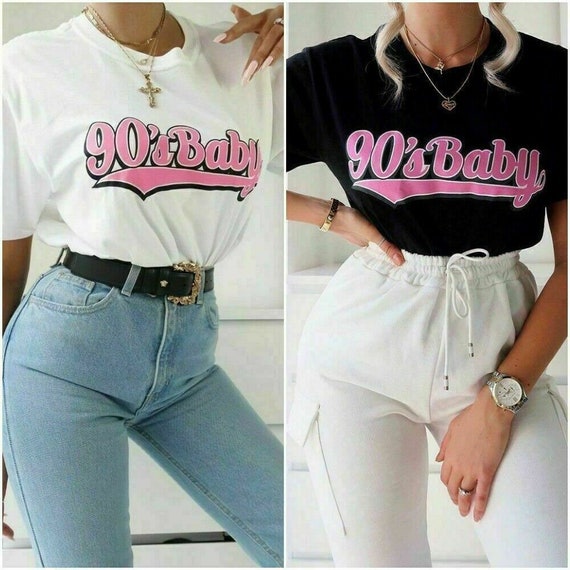 Women Short Sleeve Round Neckline 90'S Baby Slogan T-shirt Top S-XL