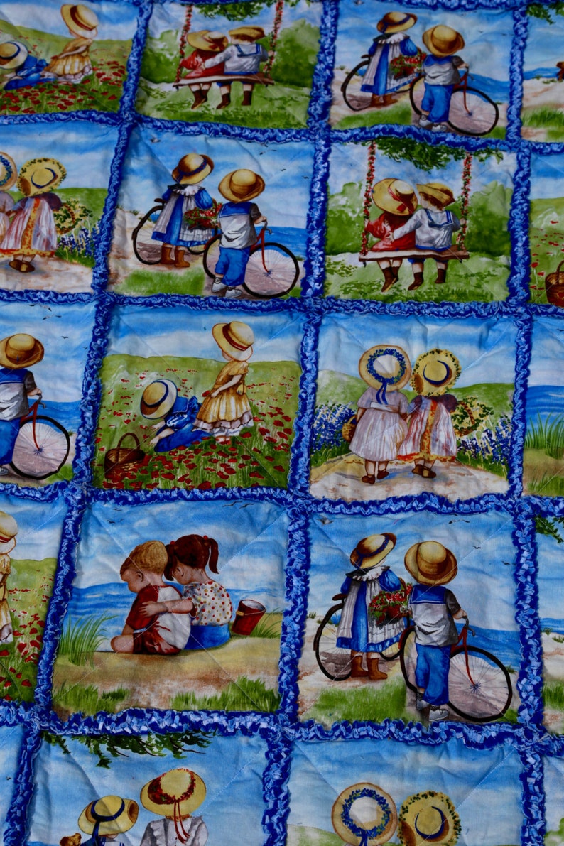 Blue rag quilt 55x55 lap size quilt Children near the ocean playing