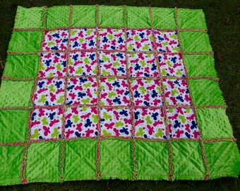 Pink, Blue, Green Butterfly Minky & Flannel Rag Quilt 50x44 G