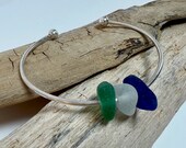 Genuine Sea Glass Bangle Bracelet, Multi-Color, Barcelona Spain, 925 Sterling Silver