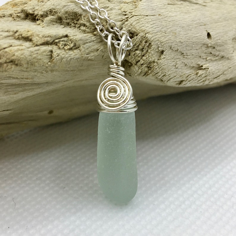 Choice of Seafoam or ClearWhite .925 Sterling Silver Beach Jewelry Genuine Sea Glass Long Stem Pendant Necklace Barcelona Spain