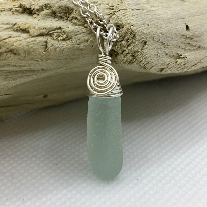 Choice of Seafoam or ClearWhite .925 Sterling Silver Beach Jewelry Genuine Sea Glass Long Stem Pendant Necklace Barcelona Spain