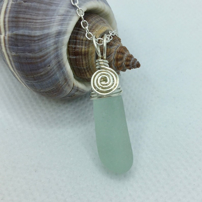 Choice of Seafoam or ClearWhite .925 Sterling Silver Beach Jewelry Genuine Sea Glass Long Stem Pendant Necklace Barcelona Spain