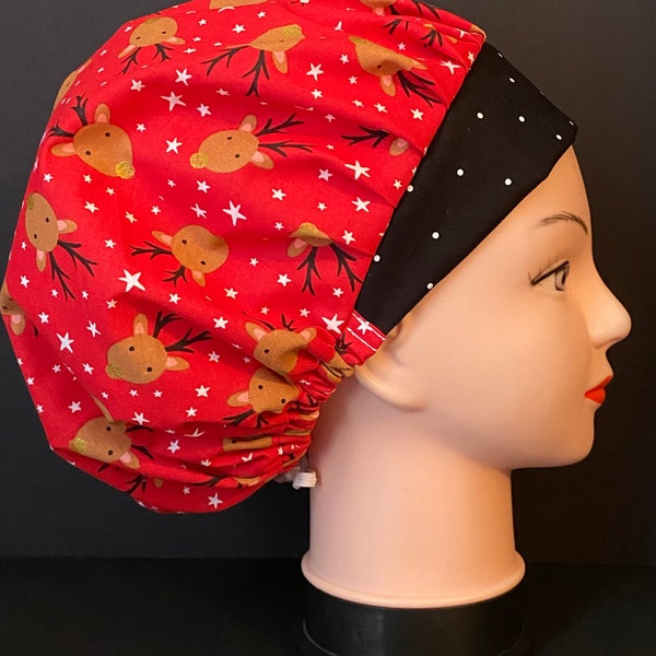 REINDEER Winter Christmas Surgical Womens Scrub Hat Bouffant fits ponytail, Surgical Cap, Terry Cloth Option