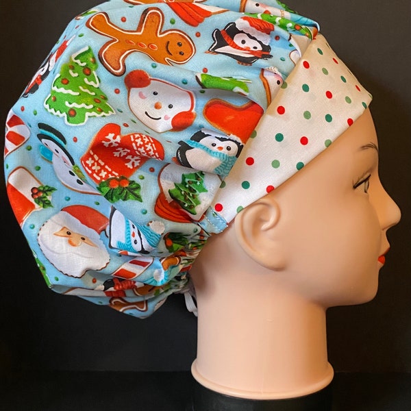 CHRISTMAS COOKIES Winter Christmas Surgical Womens Scrub Hat Bouffant fits ponytail, Surgical Cap, Terry Cloth Option