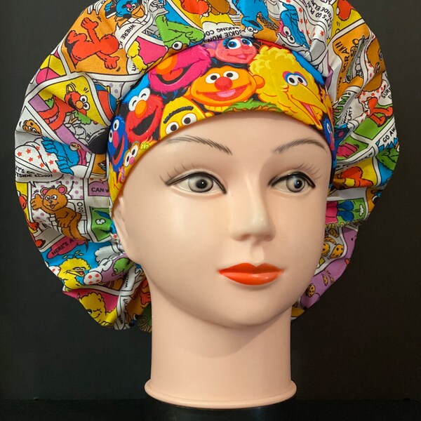 COMIC Women's Surgical Scrub Hat Bouffant fits ponytail, Chemo Cap, Scrub Cap, Nurse Cap Terry Cloth Bill Option