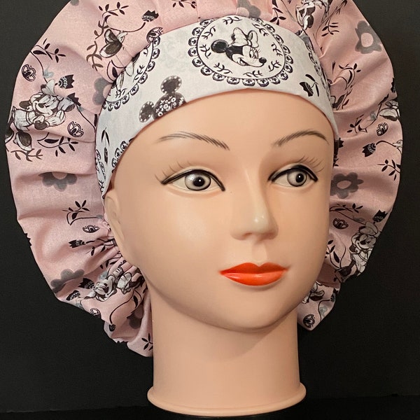 MINNIE MOUSE Women's Surgical Scrub Hat Bouffant DISNEY fits ponytail, Chemo Cap, Scrub Cap, Nurse Cap Terry Cloth Bill Option