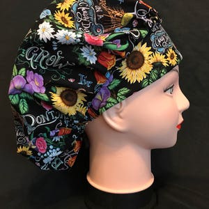 Flower Garden Women's Surgical Scrub Hat Bouffant fits ponytail, Nurse Cap, Chemo Cap, Scrub Cap Terry Cloth Bill Option
