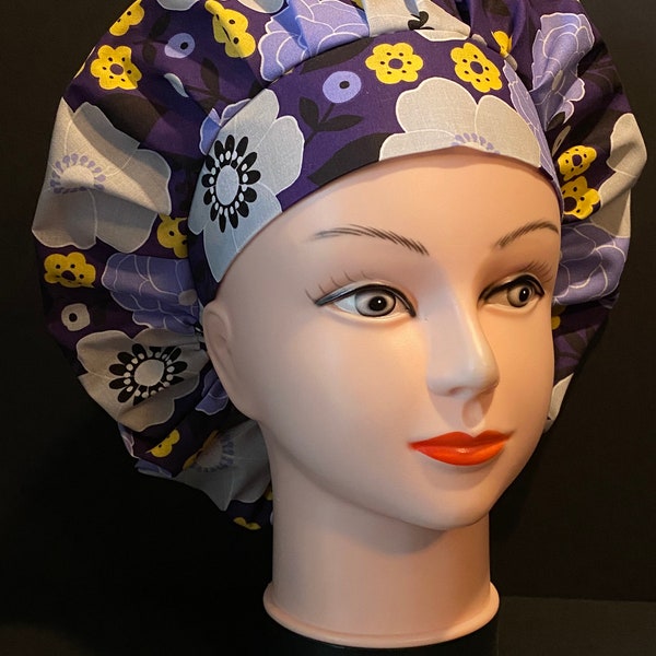 PURPLE YELLOW LARGE Floral Bouffant Scrup Cap for Women Surgical Scrub Hat fits ponytail, Chemo Cap, Terry Cloth Option