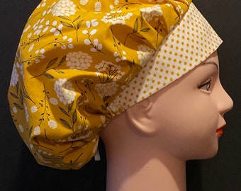 Mustard Yellow Floral Surgical Womens Scrub Hat Bouffant fits ponytail, Chemo Cap, Surgical Hat, Nurse Cap