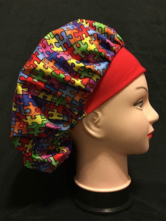 Autism Awareness Scrub Hat Puzzle Pieces Nurse Cap Euro Style Adjustable Bouffant