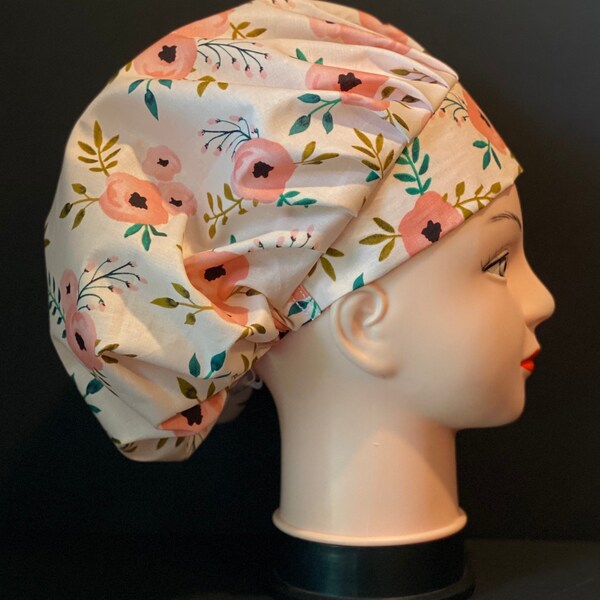 BLUSH WATERCOLOR ROSES Bouffant Scrub Cap for Women Surgical Scrub Hat, Chemo Cap