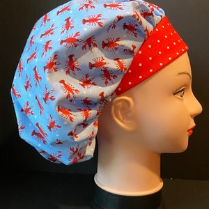 LOBSTER POLKA DOT Bouffant Scrub Cap for Women Surgical Scrub Hat, Chemo Cap