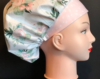 PINK FLORAL Bouffant Scrub Cap for Women Surgical Scrub Hat, Chemo Cap