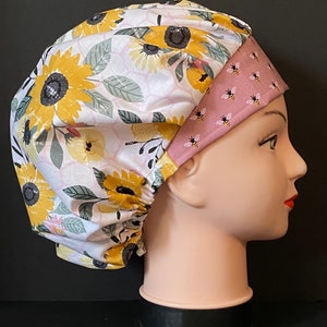 SUNFLOWER BEES Surgical Womens Scrub Hat Bouffant fits ponytail, Chemo Cap, Surgical Hat, Nurse Cap