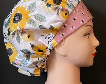 SUNFLOWER BEES Surgical Womens Scrub Hat Bouffant fits ponytail, Chemo Cap, Surgical Hat, Nurse Cap