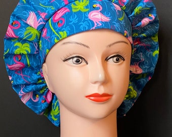BLUE FLAMINGO PALM Tree Bouffant Scrub Cap for Women Surgical Scrub Hat, Chemo Cap