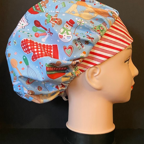 CHRISTMAS BAKING Winter Christmas Surgical Womens Scrub Hat Bouffant fits ponytail, Surgical Cap, Terry Cloth Option