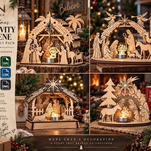 May include: A digital product listing for four laser-cut Christmas nativity scene designs. The image displays four distinct wooden nativity sets, each featuring a stable, figures of the holy family, animals, and a star, illuminated by a small tea light.