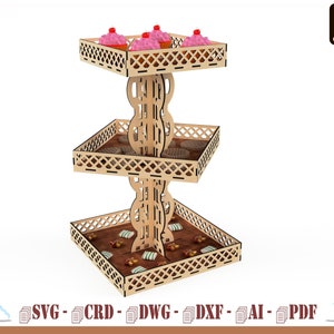 Laser cut three-tier tray, Laser cut snack stand, Laser cut party decoration, Candies, jellies