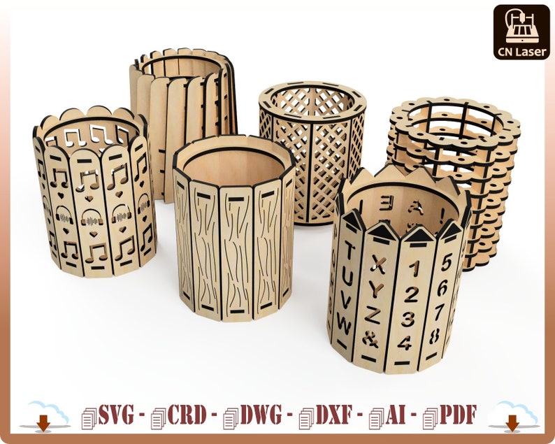 May include: Six cylindrical wooden pen holders with laser-cut designs. One features musical notes, one has vertical slats, one a lattice pattern, one a scalloped edge, one wood grain textures, and one displays letters and numbers from 1 to 8.