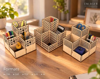 May include: Three light-colored wooden desk organizers with laser-cut patterns, including floral and geometric designs. The organizers feature multiple compartments for stationery storage. Text in the image includes CNLASER and Formats CDR, DXF, PDF, SVG, AI.
