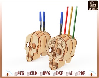 Portalápices de calavera cortado a láser: Almacenamiento de escritorio de Halloween (SVG, DXF, PDF)