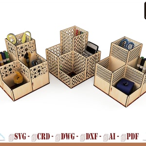 Pencil holder for laser cutting, Desk organizer, Storage and support of desktop objects, boxes for desk