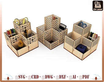 Pencil holder for laser cutting, Desk organizer, Storage and support of desktop objects, boxes for desk