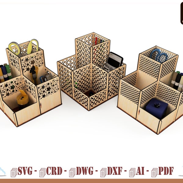 Pencil holder for laser cutting, Desk organizer, Storage and support of desktop objects, boxes for desk