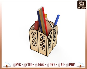 May include: A wooden desk organizer with a lattice design. It has four compartments and is filled with pens and pencils. The organizer is made of light wood and has a natural finish.
