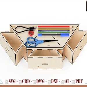 Può includere: Un organizzatore da scrivania in legno con tre cassetti e un top triangolare. L'organizzatore è progettato per contenere matite, penne, forbici e altri piccoli oggetti. L'organizzatore è realizzato in legno chiaro e ha una finitura naturale.