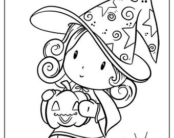 May include: Black and white Halloween-themed illustration featuring a cartoon girl in a witch hat holding a jack-o'-lantern. The image includes a ghost, spider web, and the text "TRICK OR TREAT". Perfect for coloring.