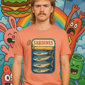 Sardine blikken shirt grappig retro eten T-shirt surrealistisch cartoon chaos T-shirt rare visliefhebber cadeau vintage kunst grafische uniseks T-shirt