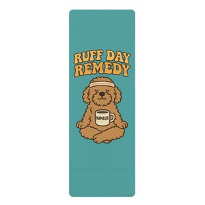 Esterilla de yoga, remedio para días difíciles con un lindo perro y un garabato de taza de café, alivio del estrés, equipo de entrenamiento Namaste, esterilla de ejercicios con divertidos dibujos animados, burbuja retro
