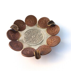 Copper and Brass Coin Ashtray with Mayan Calendar Made in Mexico