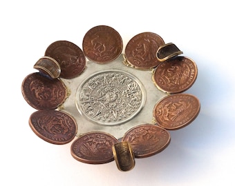 Copper and Brass Coin Ashtray with Mayan Calendar Made in Mexico