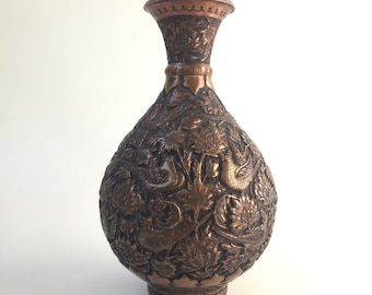 Qajar Royal Dynasty Copper Vase, Hand Made, Antique Persian Qalamzani High Relief