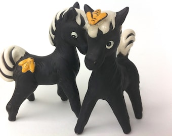 Two Black and White Horses With Yellow Bees Made in Japan