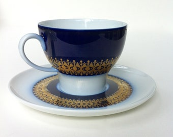 ROTUNDA Thomas Cup and Saucer, Cobalt Blue and Gold on White Designed by Tapio Wirkkala