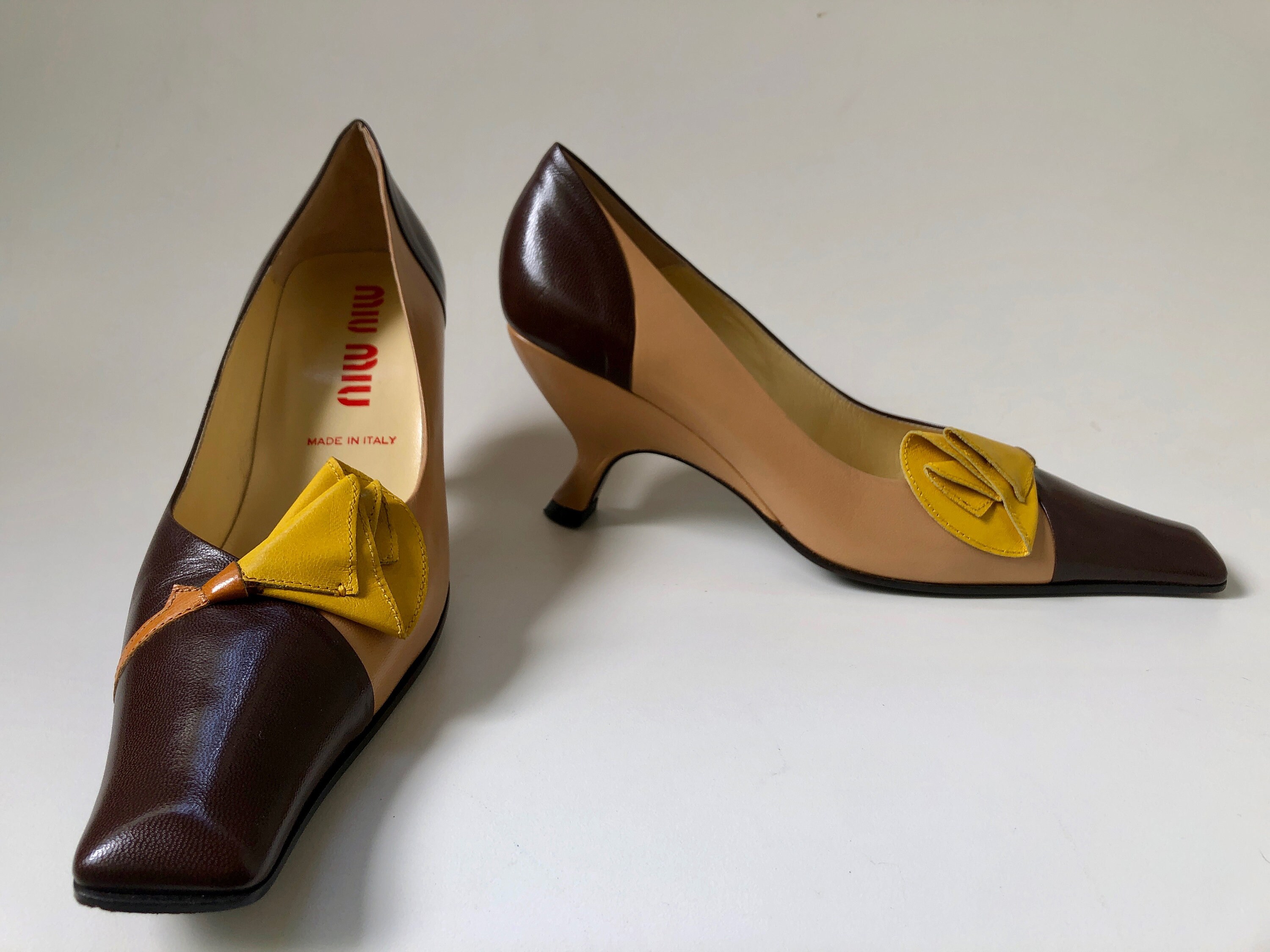 Size 38 Euro MIU MIU Brown, Yellow and Tan Leather Tulip Shoes
