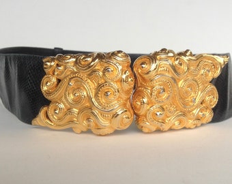 JUDITH LEIBER Leather Belt, Black Snakeskin with GOLD Swirls Clasp