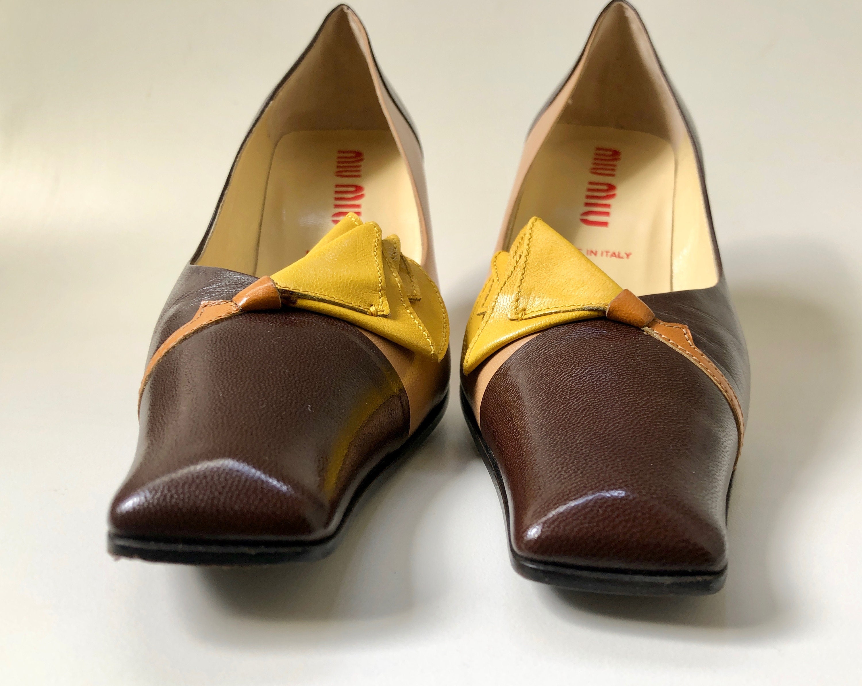 Size 38 Euro MIU MIU Brown, Yellow and Tan Leather Tulip Shoes